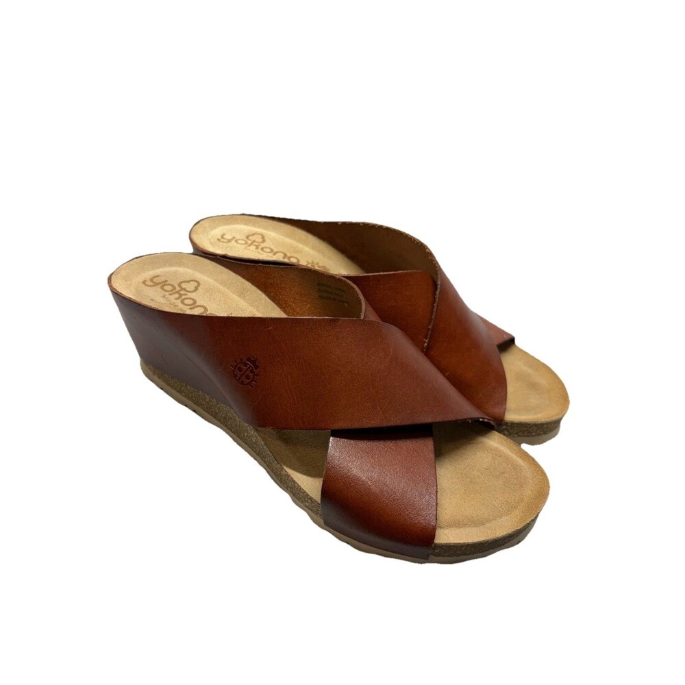 Yokono Spain Brown Leather Cross Over Strap Slide Boho Cork Wedge Sandle Sz 9